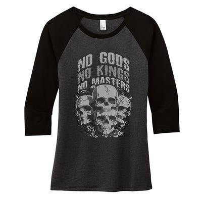 Funny Skull Design No Gods No Kings No Women's Tri-Blend 3/4-Sleeve Raglan Shirt