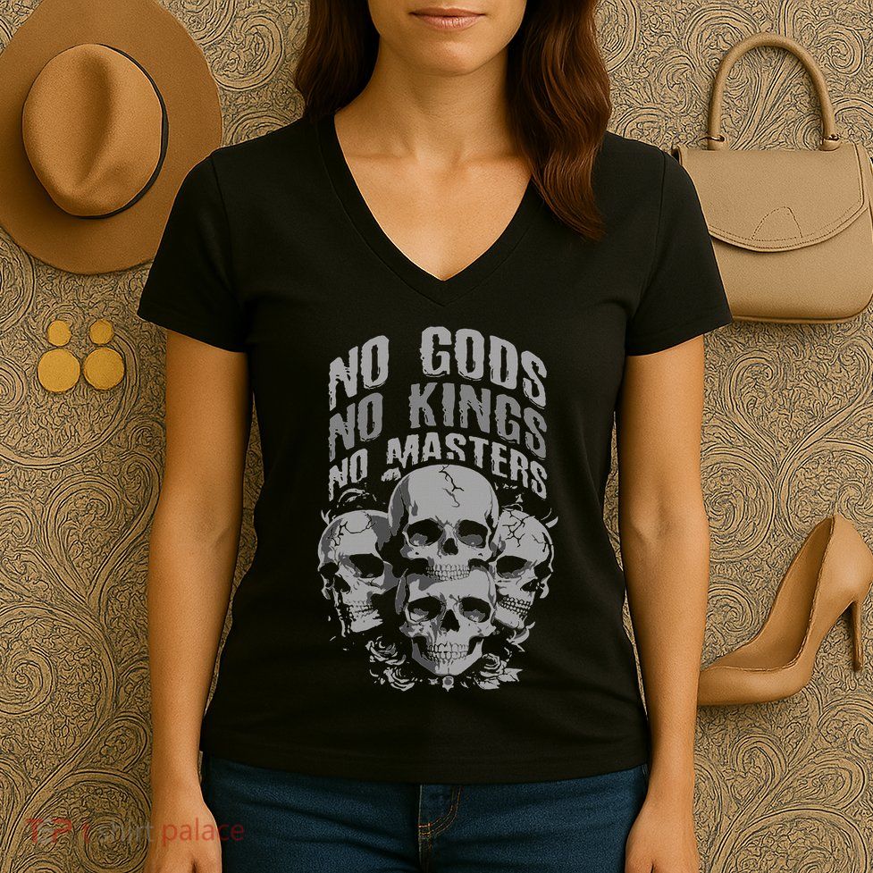 Funny Skull Design No Gods No Kings No Women's V-Neck T-Shirt