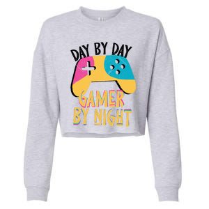 Funny Sarcastic Dad By Day Gamer By Night Video Games Lover Gift Cropped Pullover Crew