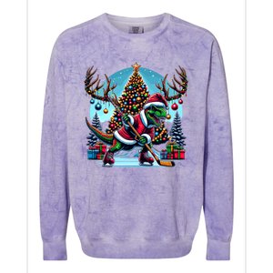 Funny Santa Dinosaur Playing Hockey Gift Colorblast Crewneck Sweatshirt