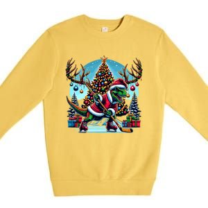 Funny Santa Dinosaur Playing Hockey Gift Premium Crewneck Sweatshirt