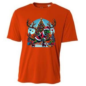 Funny Santa Dinosaur Playing Hockey Gift Cooling Performance Crew T-Shirt