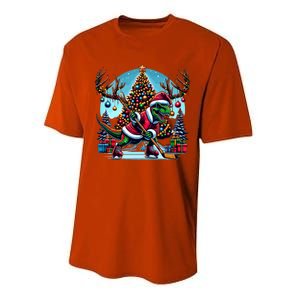 Funny Santa Dinosaur Playing Hockey Gift Performance Sprint T-Shirt