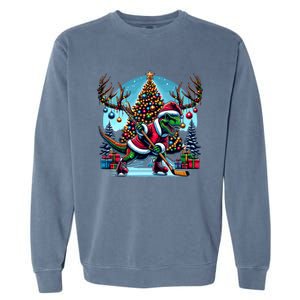 Funny Santa Dinosaur Playing Hockey Gift Garment-Dyed Sweatshirt