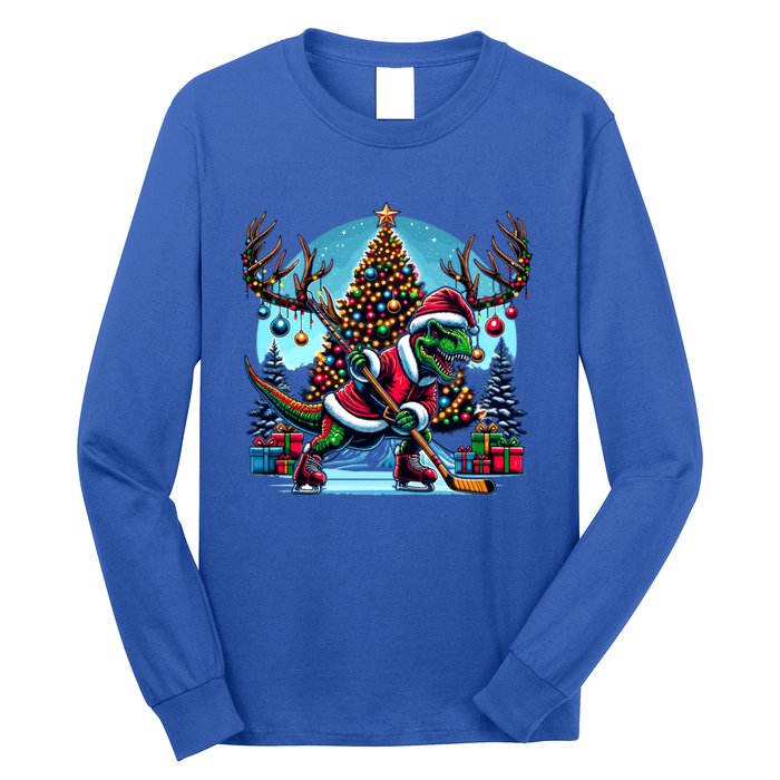 Funny Santa Dinosaur Playing Hockey Gift Long Sleeve Shirt