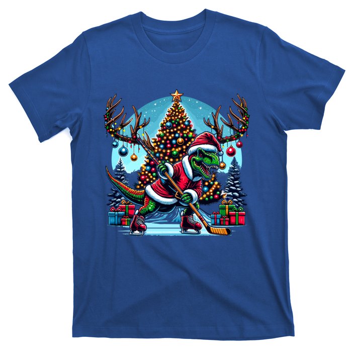 Funny Santa Dinosaur Playing Hockey Gift T-Shirt