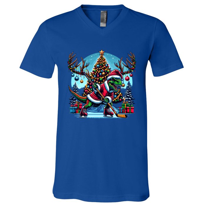 Funny Santa Dinosaur Playing Hockey Gift V-Neck T-Shirt