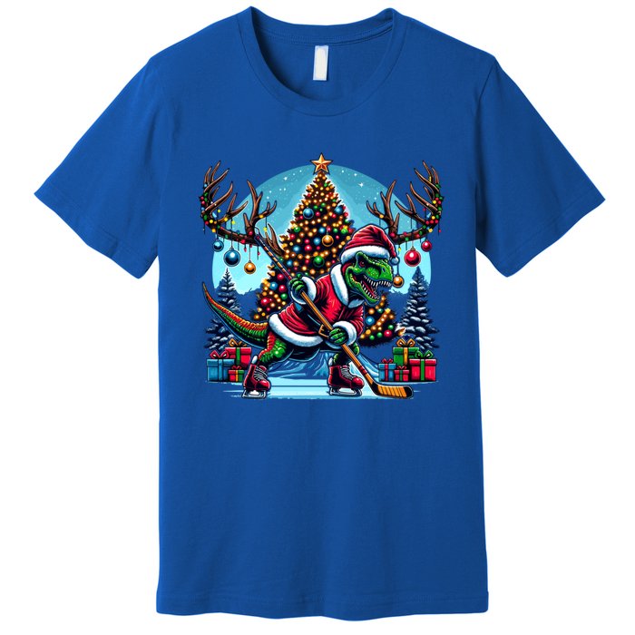 Funny Santa Dinosaur Playing Hockey Gift Premium T-Shirt