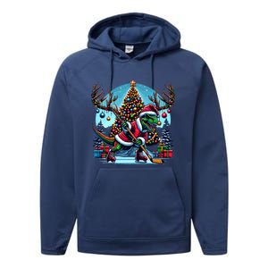 Funny Santa Dinosaur Playing Hockey Gift Performance Fleece Hoodie