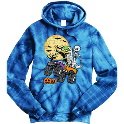 Funny Skeleton Dino Monster Truck Halloween Costume Tie Dye Hoodie