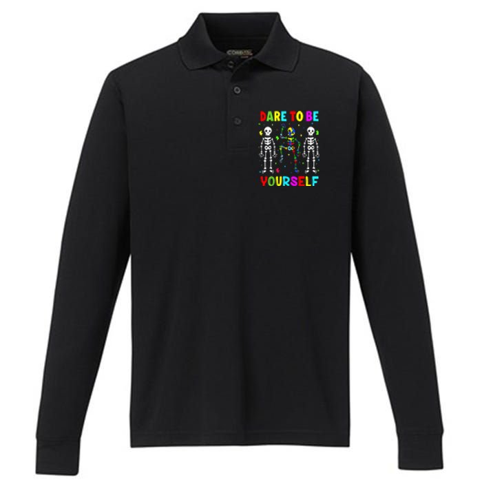 Funny Skeleton Dabbing Dare To Be Yoursel Gift Autism Awareness Performance Long Sleeve Polo