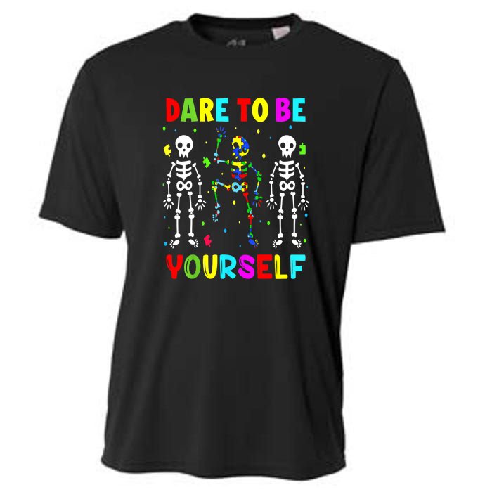 Funny Skeleton Dabbing Dare To Be Yoursel Gift Autism Awareness Cooling Performance Crew T-Shirt