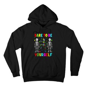 Funny Skeleton Dabbing Dare To Be Yoursel Gift Autism Awareness Hoodie