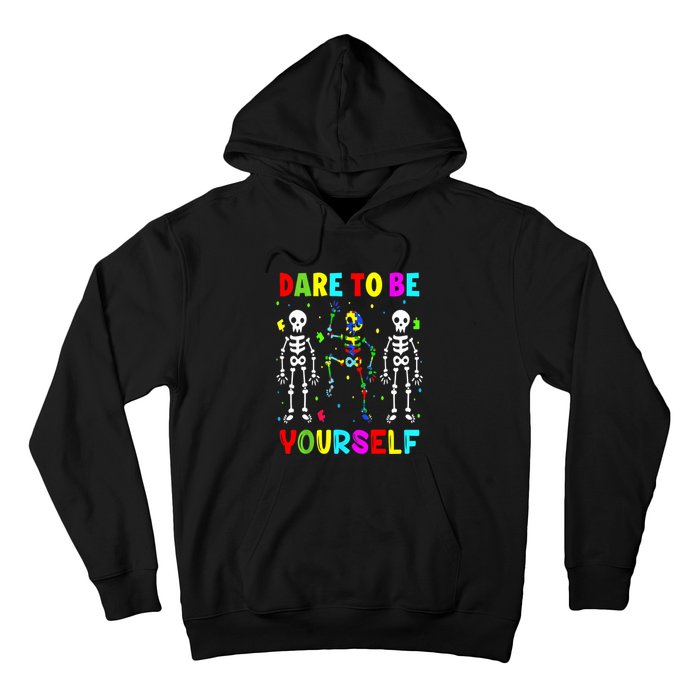 Funny Skeleton Dabbing Dare To Be Yoursel Gift Autism Awareness Hoodie