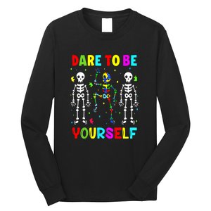 Funny Skeleton Dabbing Dare To Be Yoursel Gift Autism Awareness Long Sleeve Shirt