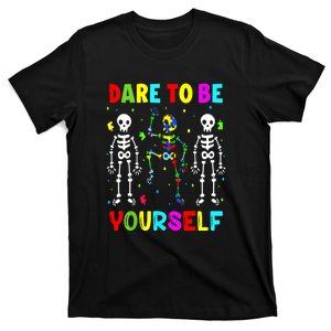 Funny Skeleton Dabbing Dare To Be Yoursel Gift Autism Awareness T-Shirt