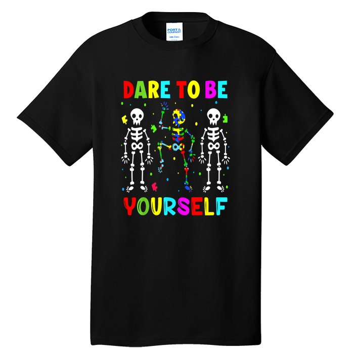 Funny Skeleton Dabbing Dare To Be Yoursel Gift Autism Awareness Tall T-Shirt