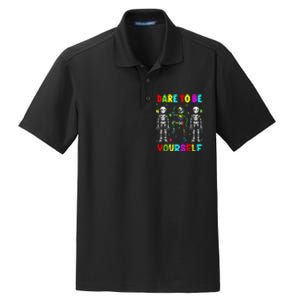 Funny Skeleton Dabbing Dare To Be Yoursel Gift Autism Awareness Dry Zone Grid Polo