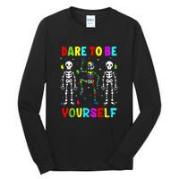 Funny Skeleton Dabbing Dare To Be Yoursel Gift Autism Awareness Tall Long Sleeve T-Shirt