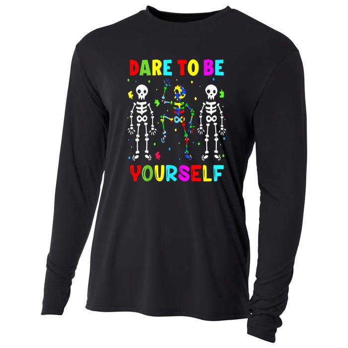 Funny Skeleton Dabbing Dare To Be Yoursel Gift Autism Awareness Cooling Performance Long Sleeve Crew