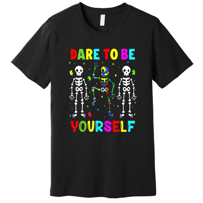 Funny Skeleton Dabbing Dare To Be Yoursel Gift Autism Awareness Premium T-Shirt