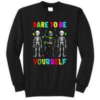 Funny Skeleton Dabbing Dare To Be Yoursel Gift Autism Awareness Tall Sweatshirt