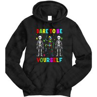 Funny Skeleton Dabbing Dare To Be Yoursel Gift Autism Awareness Tie Dye Hoodie