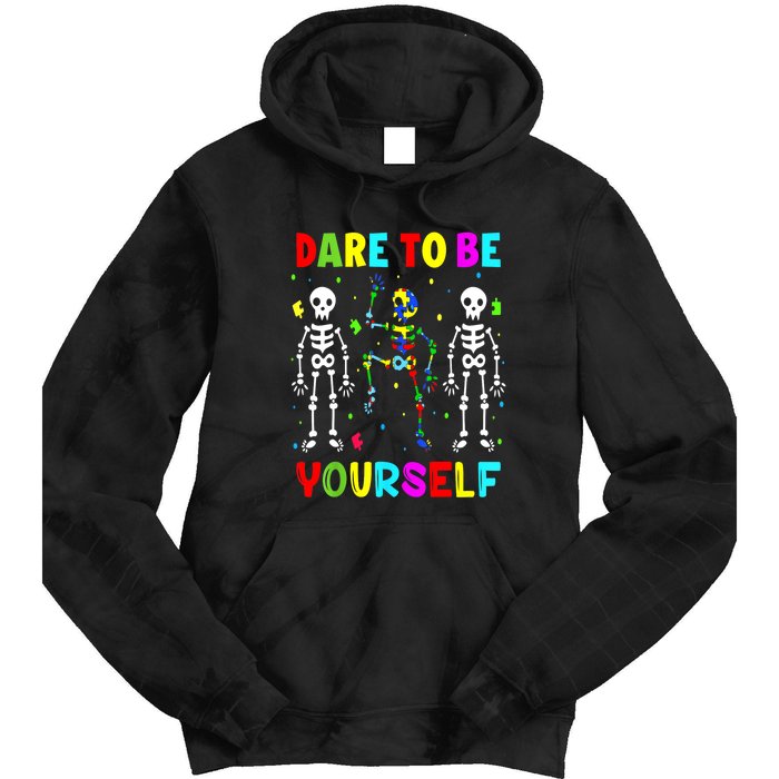 Funny Skeleton Dabbing Dare To Be Yoursel Gift Autism Awareness Tie Dye Hoodie