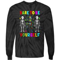 Funny Skeleton Dabbing Dare To Be Yoursel Gift Autism Awareness Tie-Dye Long Sleeve Shirt