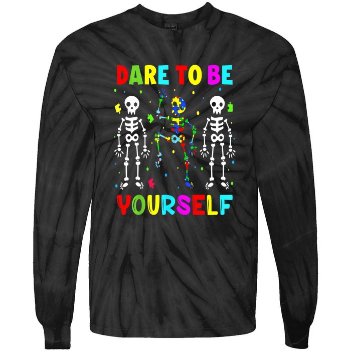 Funny Skeleton Dabbing Dare To Be Yoursel Gift Autism Awareness Tie-Dye Long Sleeve Shirt