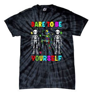 Funny Skeleton Dabbing Dare To Be Yoursel Gift Autism Awareness Tie-Dye T-Shirt