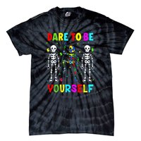 Funny Skeleton Dabbing Dare To Be Yoursel Gift Autism Awareness Tie-Dye T-Shirt