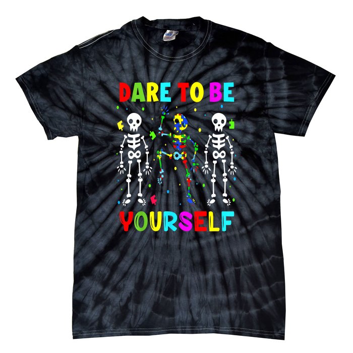 Funny Skeleton Dabbing Dare To Be Yoursel Gift Autism Awareness Tie-Dye T-Shirt