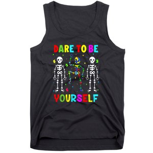 Funny Skeleton Dabbing Dare To Be Yoursel Gift Autism Awareness Tank Top