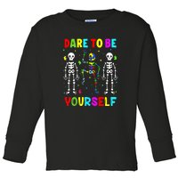 Funny Skeleton Dabbing Dare To Be Yoursel Gift Autism Awareness Toddler Long Sleeve Shirt