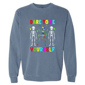 Funny Skeleton Dabbing Dare To Be Yoursel Gift Autism Awareness Garment-Dyed Sweatshirt