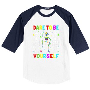 Funny Skeleton Dabbing Dare To Be Yoursel Gift Autism Awareness Baseball Sleeve Shirt