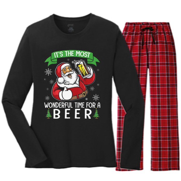 Funny Santa Drinking Beer ItS The Most Wonderful Time For A Beer Women's Long Sleeve Flannel Pajama Set 