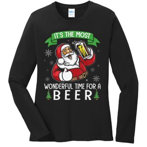 Funny Santa Drinking Beer ItS The Most Wonderful Time For A Beer Ladies Long Sleeve Shirt