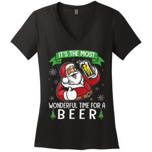 Funny Santa Drinking Beer ItS The Most Wonderful Time For A Beer Women's V-Neck T-Shirt