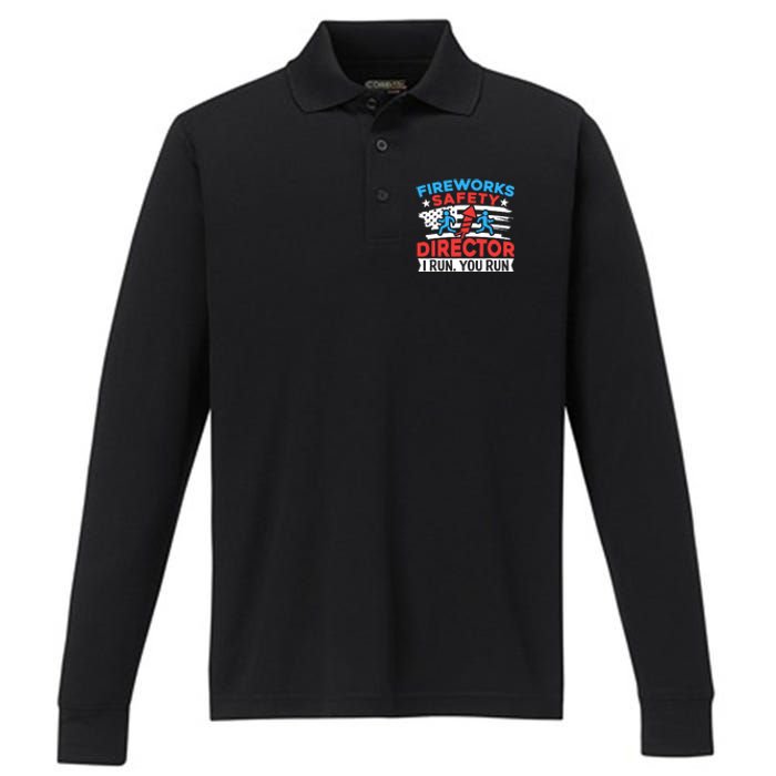 Fireworks Safety Director I Run You Run Funny 4th Of July Performance Long Sleeve Polo