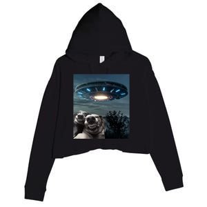 Funny Selfie Dog With Alien UFO Funny Dogs Lover Crop Fleece Hoodie