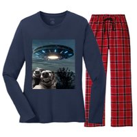 Funny Selfie Dog With Alien UFO Funny Dogs Lover Women's Long Sleeve Flannel Pajama Set 