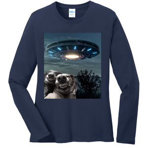 Funny Selfie Dog With Alien UFO Funny Dogs Lover Ladies Long Sleeve Shirt