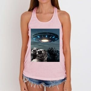 Funny Selfie Dog With Alien UFO Funny Dogs Lover Women's Knotted Racerback Tank