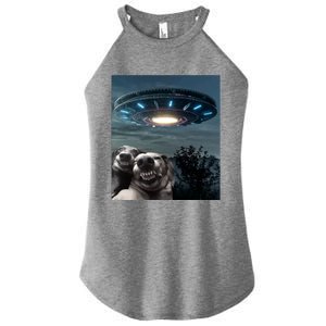 Funny Selfie Dog With Alien UFO Funny Dogs Lover Women's Perfect Tri Rocker Tank