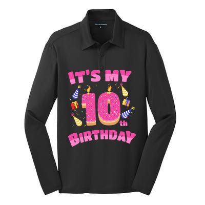 Funny Sweet Donut It's My 10th Birthday 10 Yr Old Gift Funny Gift Silk Touch Performance Long Sleeve Polo