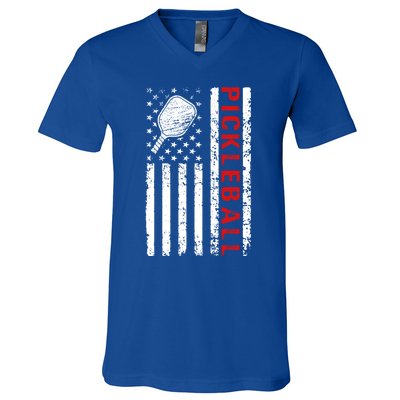 Funny Sports Design Pickleball Us Flag Meaningful Gift V-Neck T-Shirt