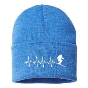 Funny Ski Design For Skier Skiing Heartbeat Gift Sustainable Knit Beanie