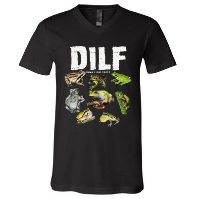 Funny Saying DILF Damn I Love Frogs Animals V-Neck T-Shirt